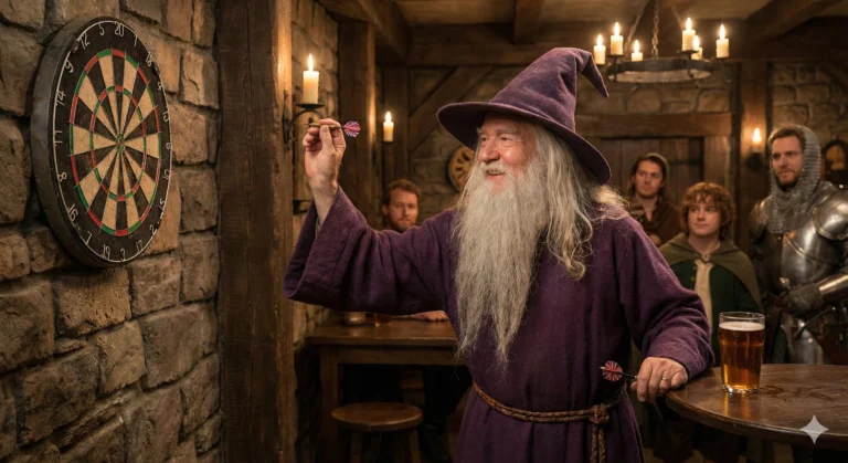 Wizard playing darts and making wish