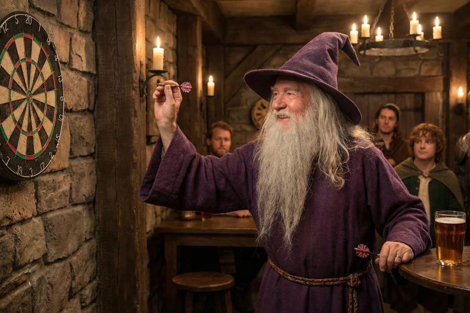 Wizard playing darts and making wish