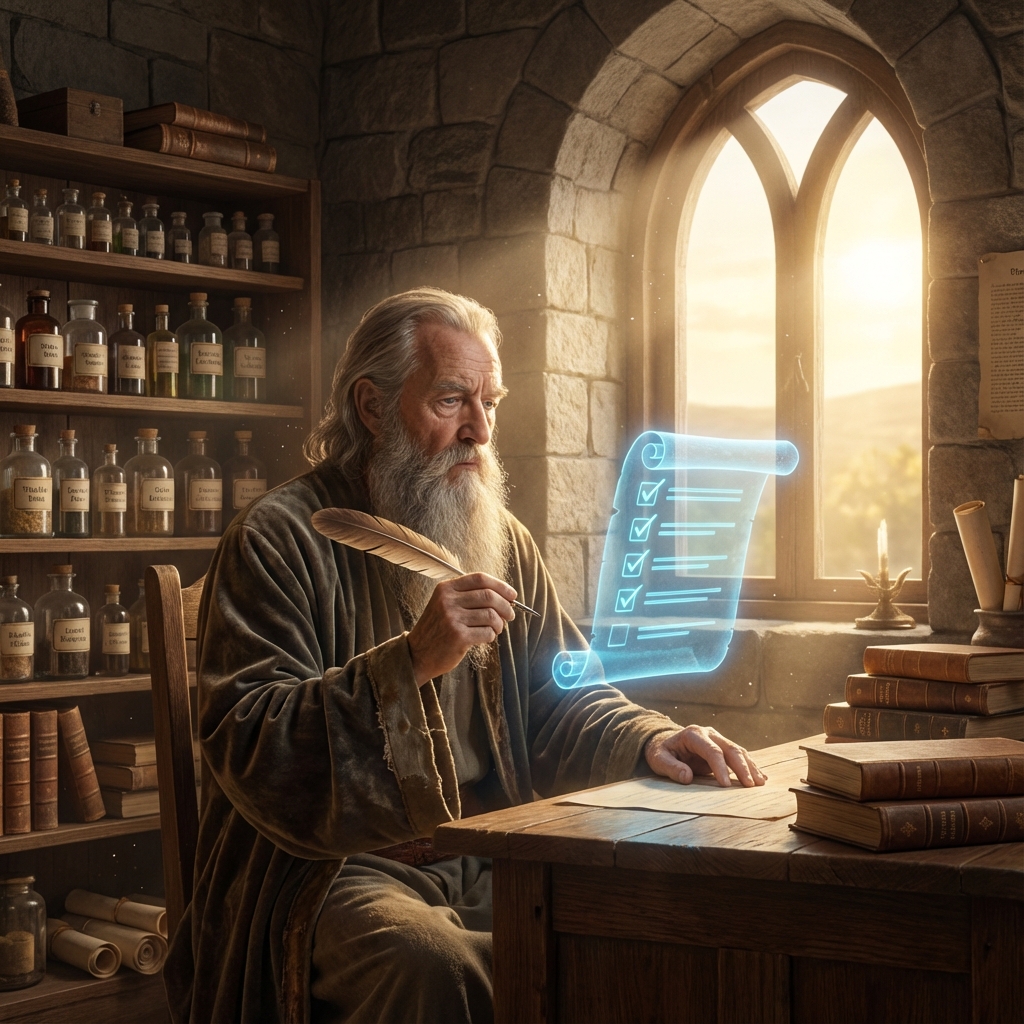 A disciplined wizard checking off daily tasks on a magical floating schedule.
