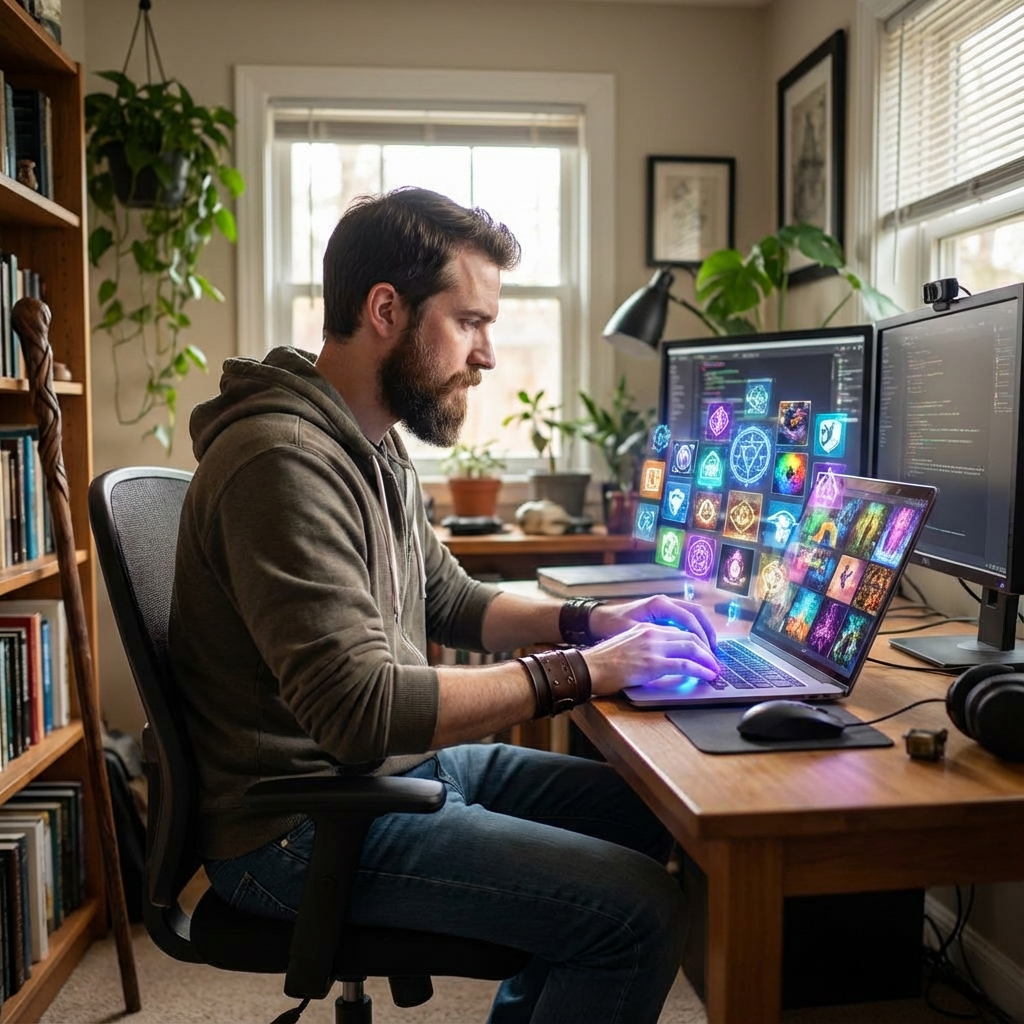 Wizard designing a digital vision board on a laptop