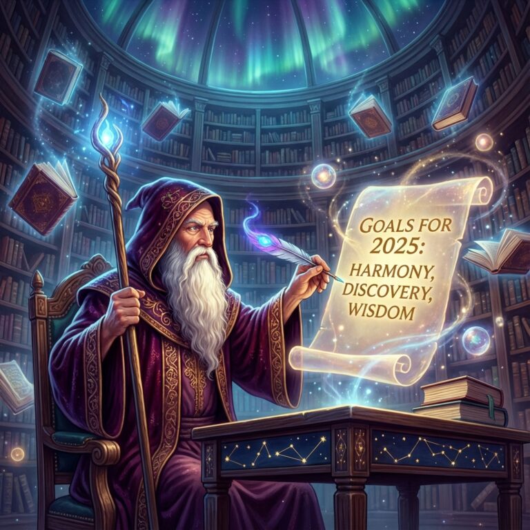 Wizard writing SMART goals for 2025 in a magical library