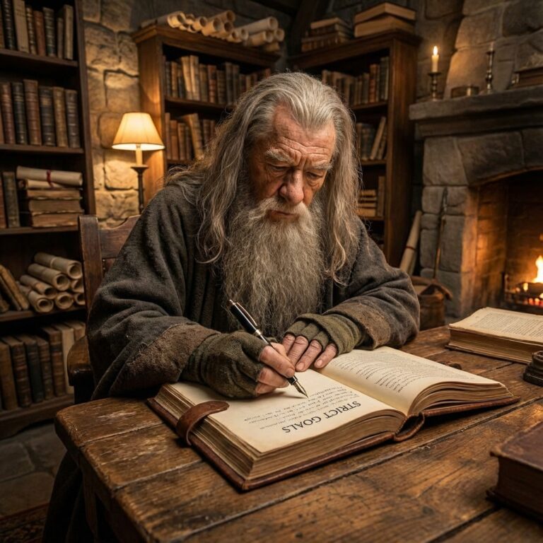 Wizard writing goals in a leather journal