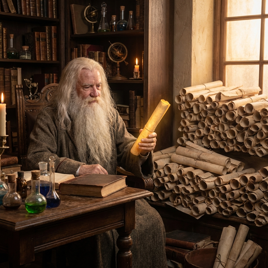 A wizard holding a glowing golden scroll amidst a pile of dull scrolls, representing the 80/20 rule.
