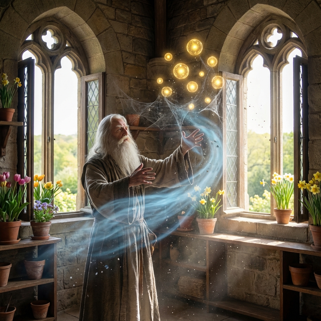 A wizard using magic to clear dust from floating glowing orbs, symbolizing spring cleaning the mind.