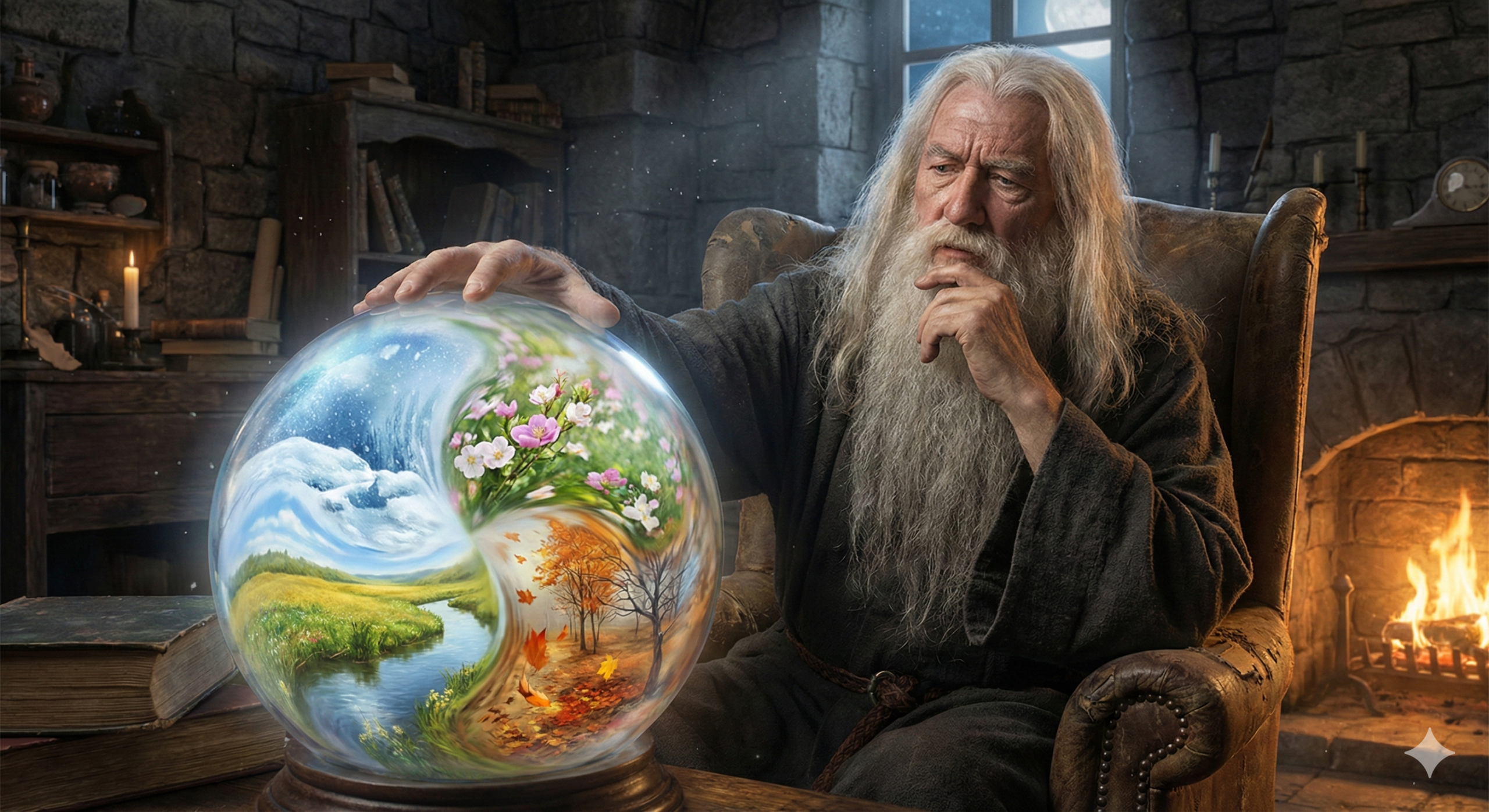 Realistic vector illustration of a thoughtful wizard gazing into a crystal ball showing 4 seasons.