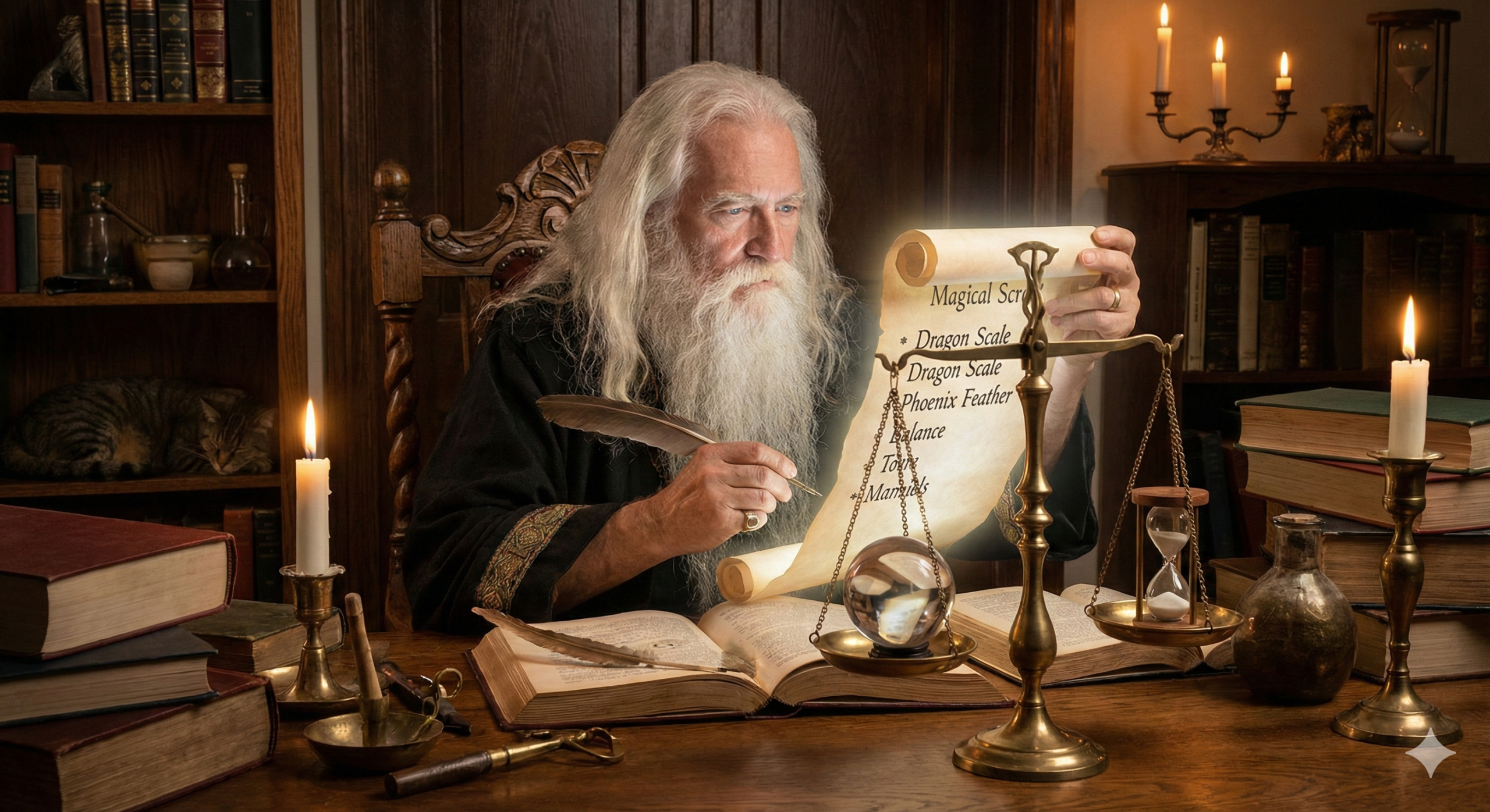 Realistic vector illustration of a wizard reviewing a magical scroll checklist with a balanced scale.