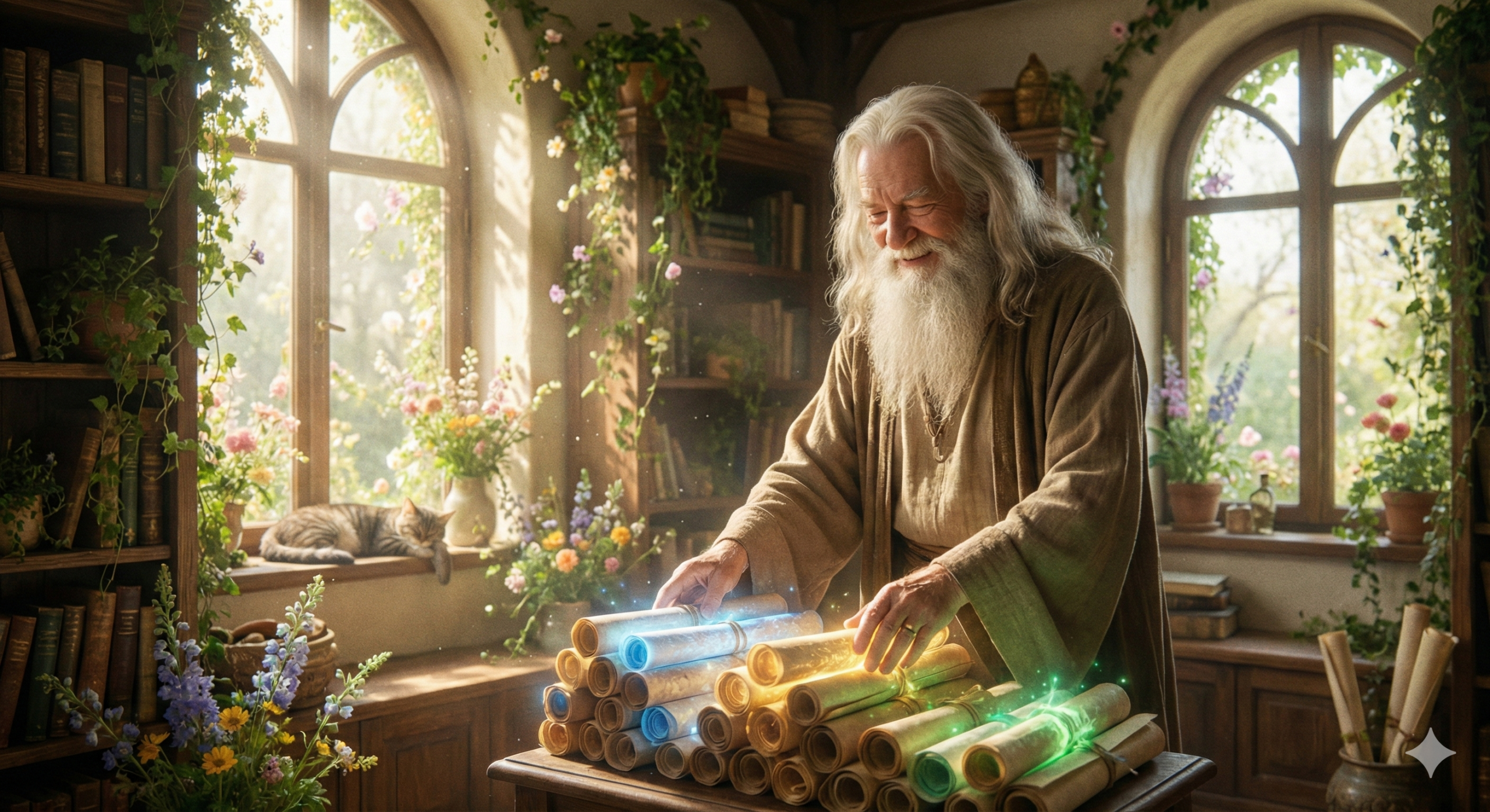 Realistic vector illustration of a wizard organizing magical glowing scrolls in a sunny, spring-filled room.