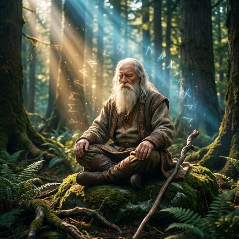 A realistic wizard with a long white beard meditating deeply in a forest, surrounded by soft magical light.