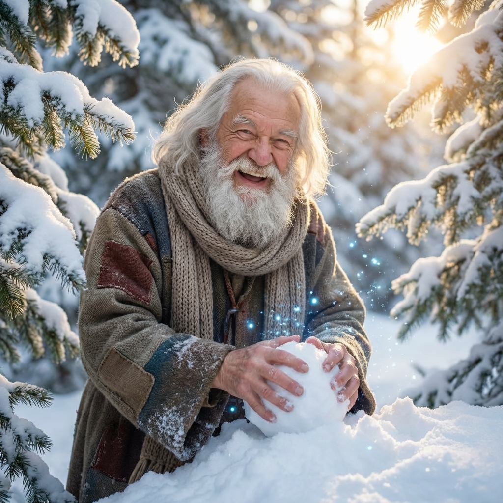 A joyous elderly wizard with a long white beard playing with snowballs in a snowy forest.