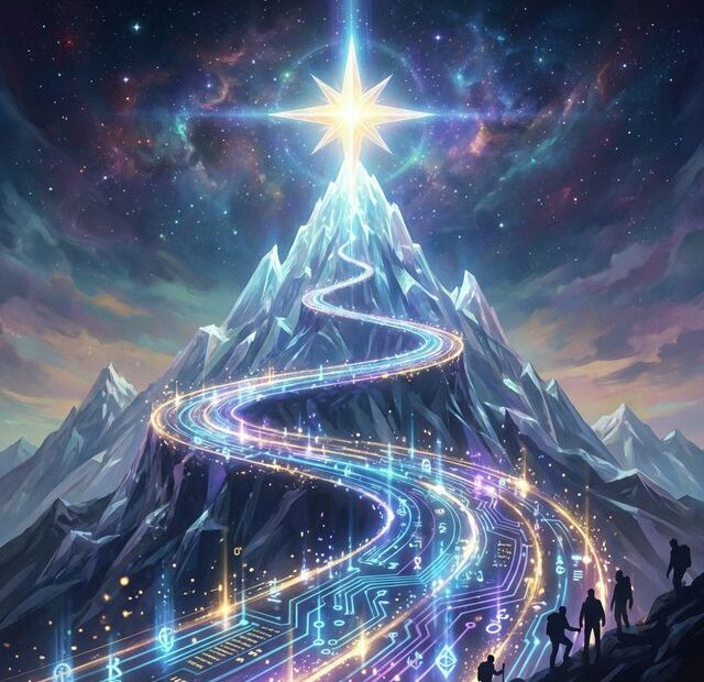 Artistic digital illustration of a glowing digital path leading up a mountain towards a bright star, symbolizing the union of human aspirations and technology.