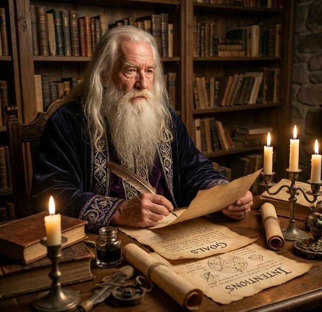 Photorealistic elderly wizard with long white beard writing mental health goals and daily intentions on parchment by candlelight in ancient library - representing wisdom and the transformation of wishes into actionable well-being plans