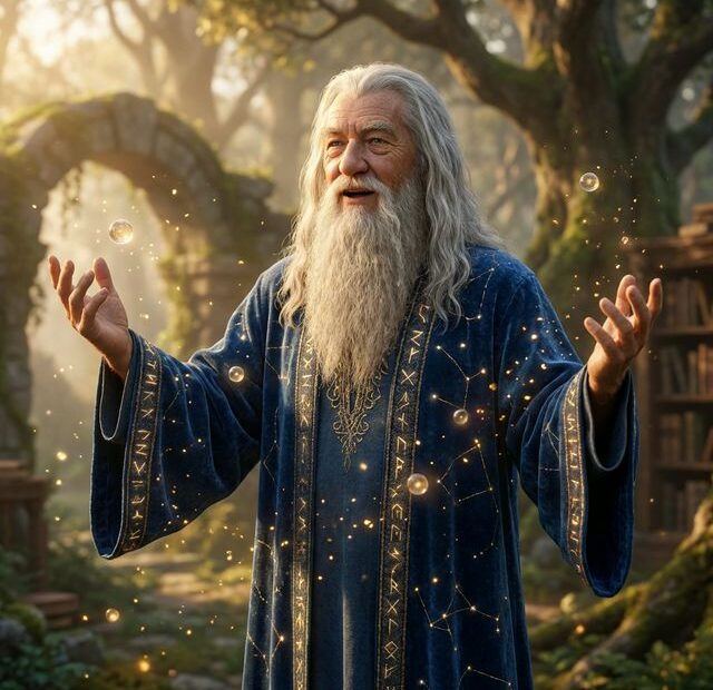 Wise wizard with white beard and blue robe speaking powerful morning affirmations, surrounded by glowing golden light orbs in an enchanted forest.
