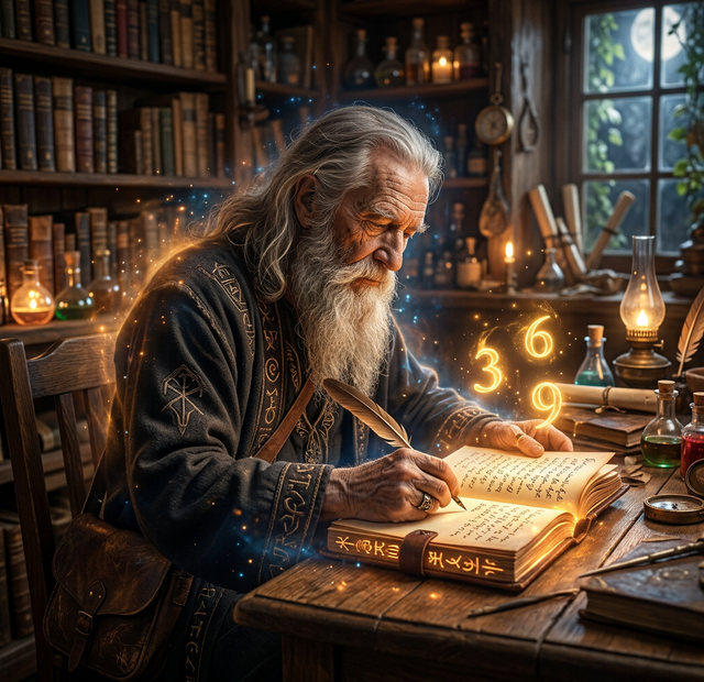 A wise old wizard writing in a glowing mystical notebook with the numbers 3 6 9 floating above it.