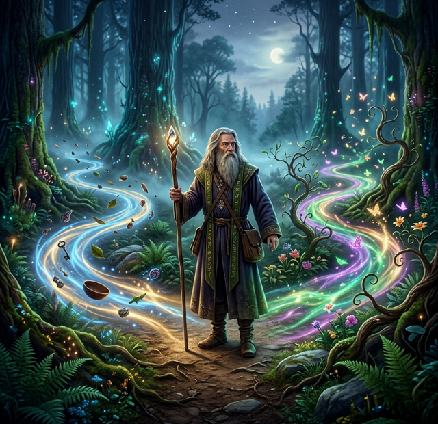 A wizard standing at a crossroads in a mystical forest exploring the Law of Assumption vs Law of Attraction.