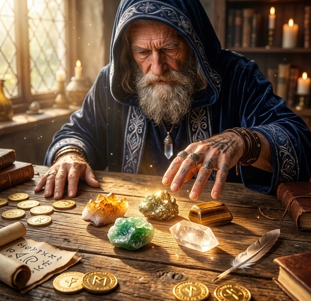 A mystical wizard examining five glowing crystals including citrine and pyrite for good luck and prosperity.