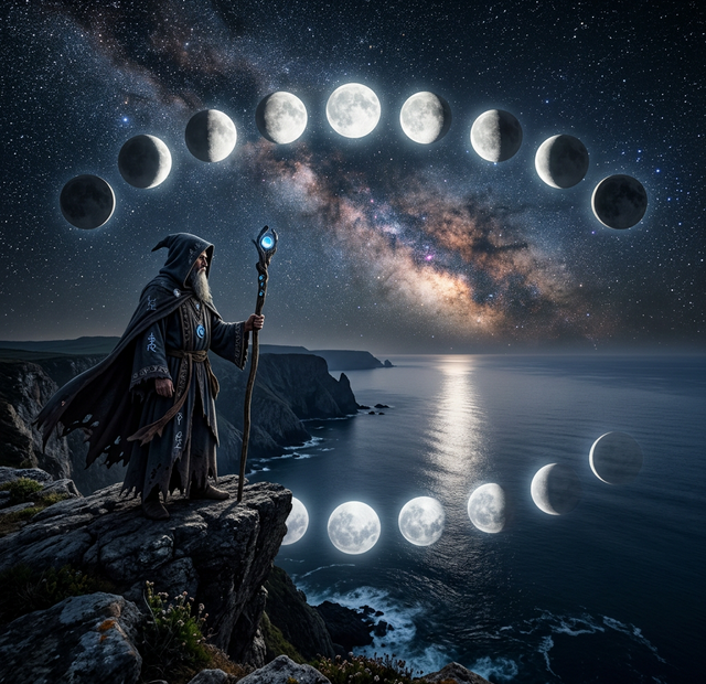 A wizard with a staff standing on a cliff looking at glowing moon phases reflecting over a calm ocean.