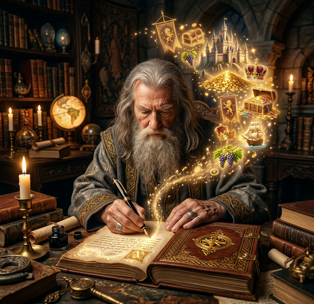 A wizard writing in a leather-bound journal scripting for success, words transforming into visions of wealth.