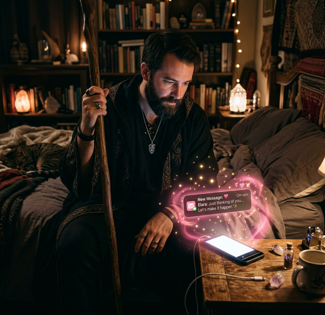 A modern wizard looking at a glowing smartphone screen displaying a new text message notification surrounded by magical sparkles.
