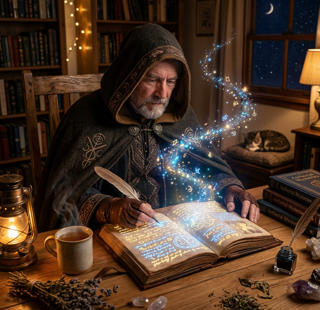 A wizard reading an open enchanted wish journal with glowing handwriting and magical starry dust.