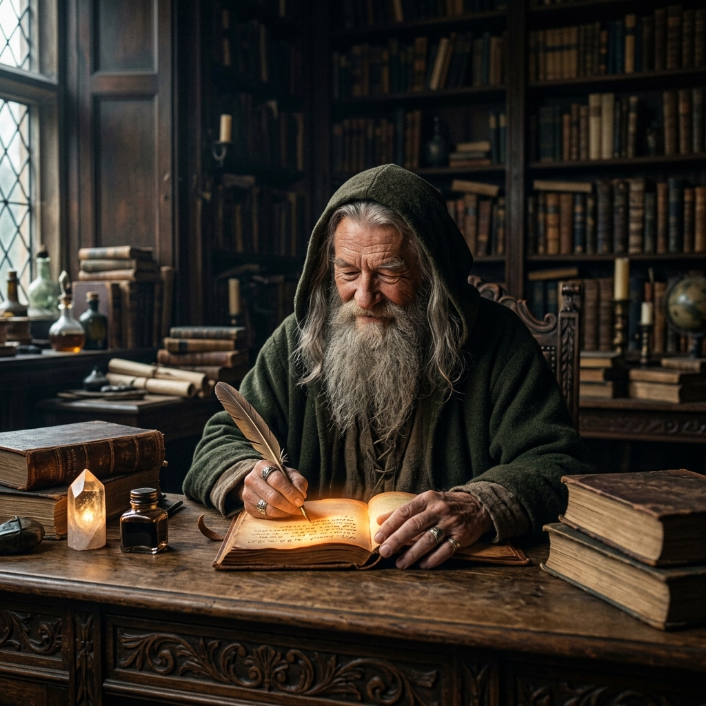 Realistic cinematic photo of a wise ancestral wizard writing carefully in a glowing magic journal, expressing gratitude, high detail.