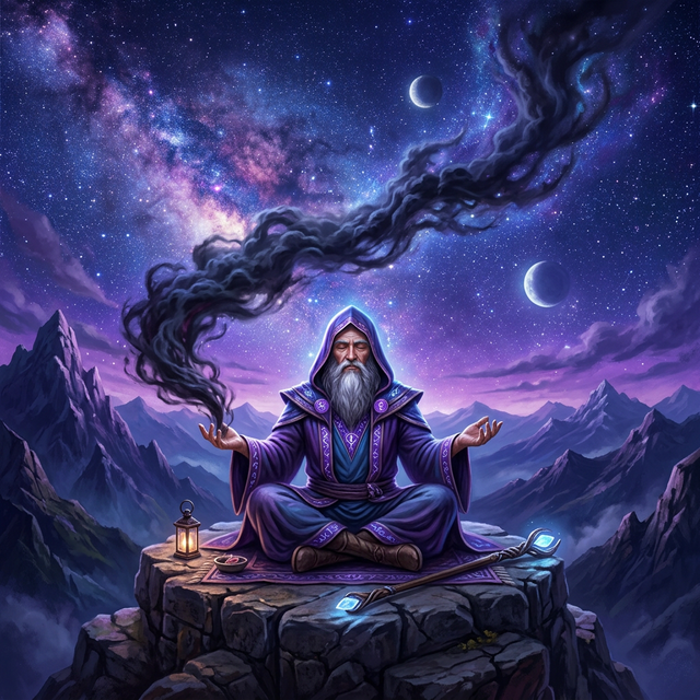 A wise wizard meditating on a mountain, letting go of resistance blocks.