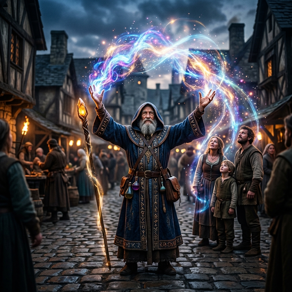 Enigmatic wizard raising magical energy to help others