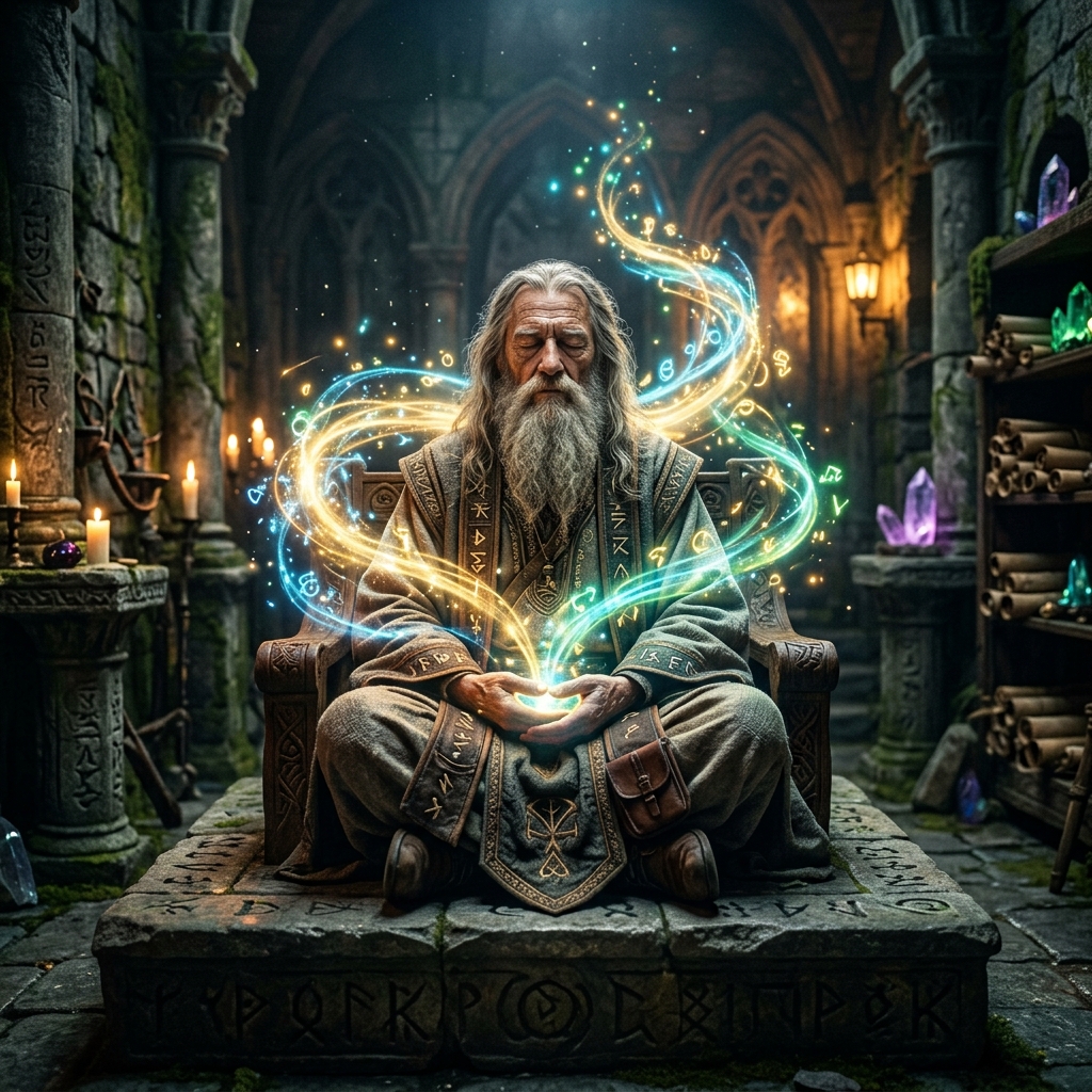 Photorealistic cinematic portrait of a wise enshrouded wizard meditating, glowing magical aura, focusing on body transformation.