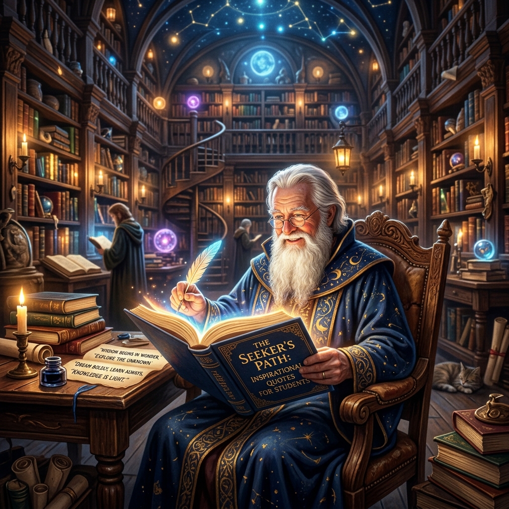 A wise wizard sitting in a mystical library, reading an enchanted book of inspirational quotes for students that glow with magical light.