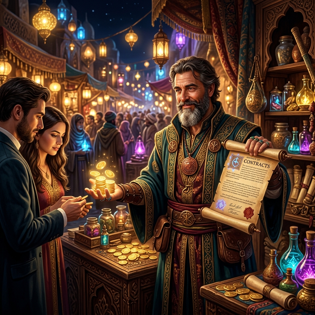 A wizard merchant showing glowing gold coins and contract scrolls in a prosperous marketplace symbolizing business growth and wealth manifestation