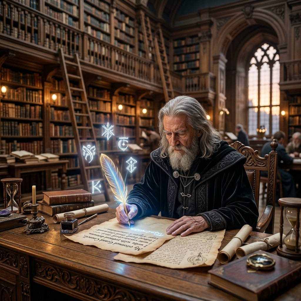 A wise wizard sitting in a library writing a letter of motivation using a glowing feather quill representing focused intention and career manifestation