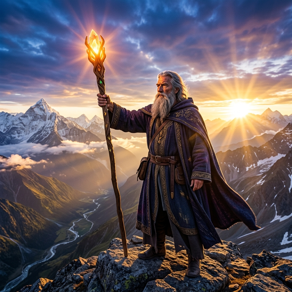 A powerful wizard on a mountain peak at sunrise holding a glowing staff to symbolize Monday motivation