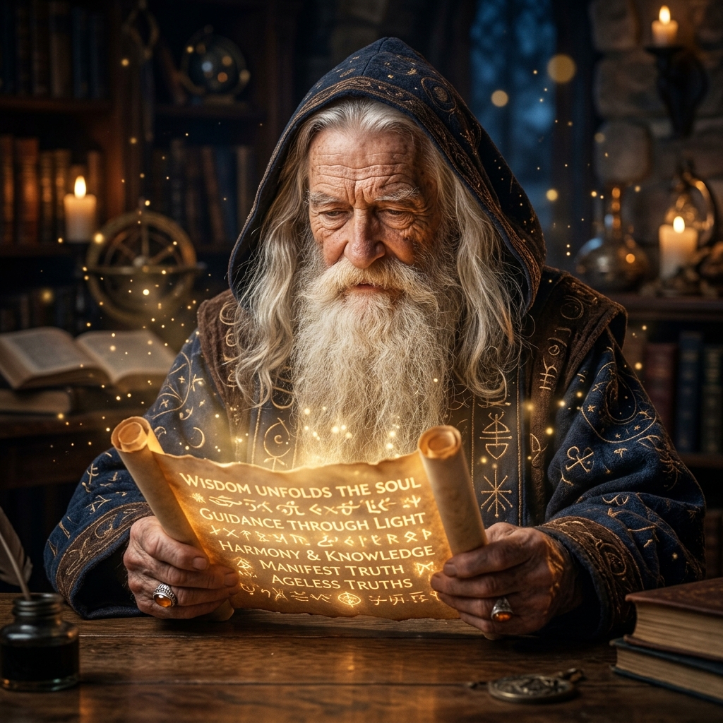 A wise, ancient wizard in deep thought reading a glowing scroll containing magical inspirational life quotes