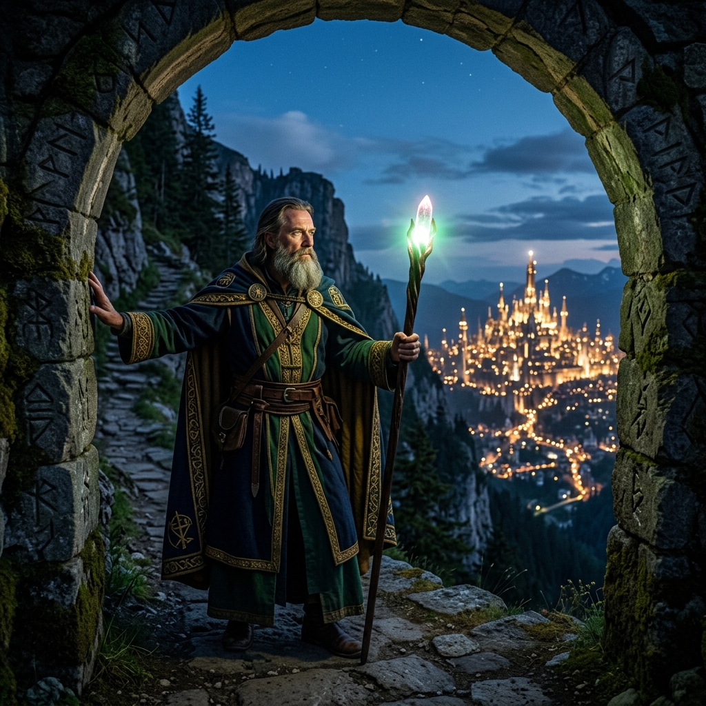 A wizard on a mountain path standing in a stone archway holding a glowing staff to symbolize Wednesday midweek motivation
