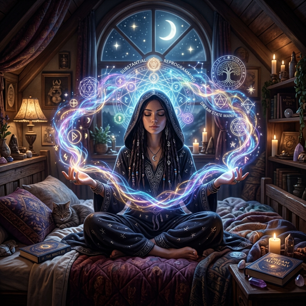Enigmatic wizard manipulating ethereal energy representing subconscious reprogramming during sleep