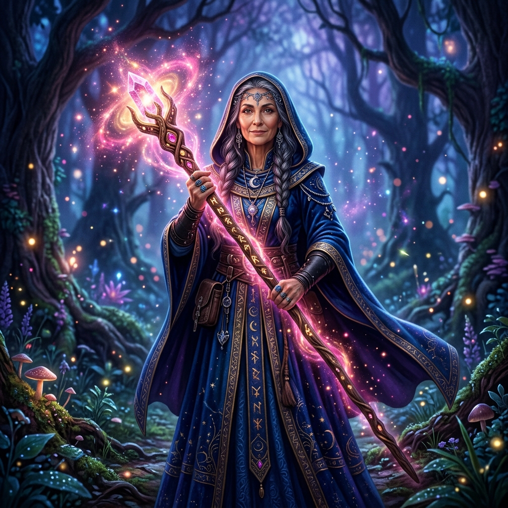 A powerful female sorceress in a mystical forest holding a glowing cosmic staff representing inner wisdom and female empowerment