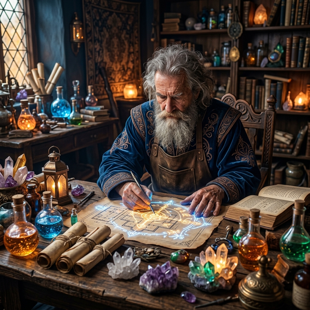 A wizard sitting at a rustic desk crafting glowing runes representing work motivation and productivity success