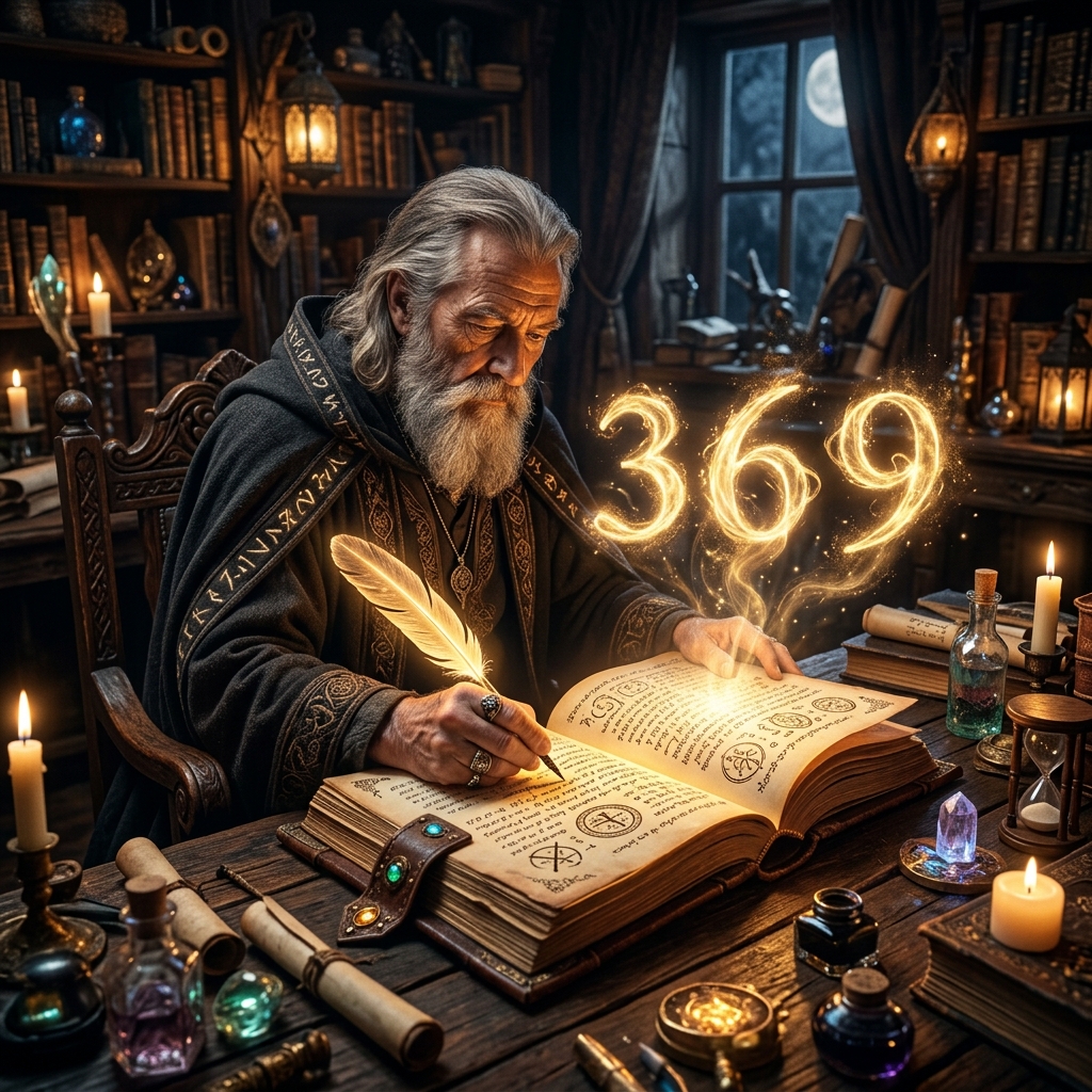 A powerful wizard writing in a glowing open book at a desk, with golden numbers 3, 6, and 9 floating in the air above the pages