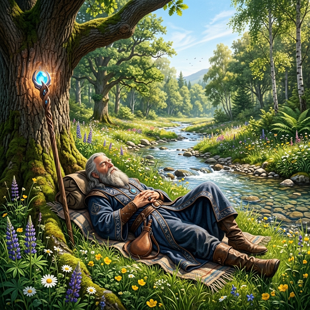 A powerful wizard resting peacefully by a tranquil stream in a sunny meadow, with a glowing staff leaning against a large tree, representing burnout recovery