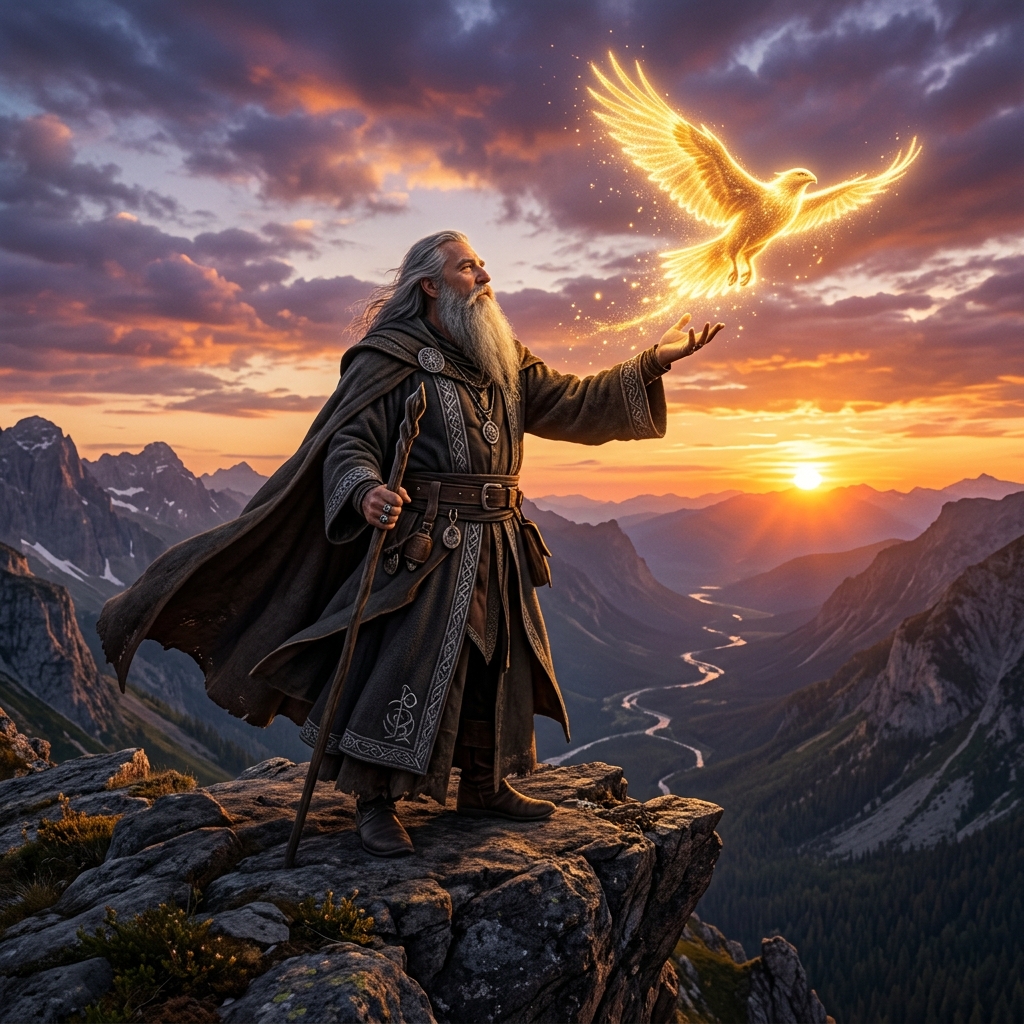 A powerful wizard standing at the edge of a high cliff at sunset, letting go of a glowing golden bird of energy from his hands into the sky, symbolizing detachment