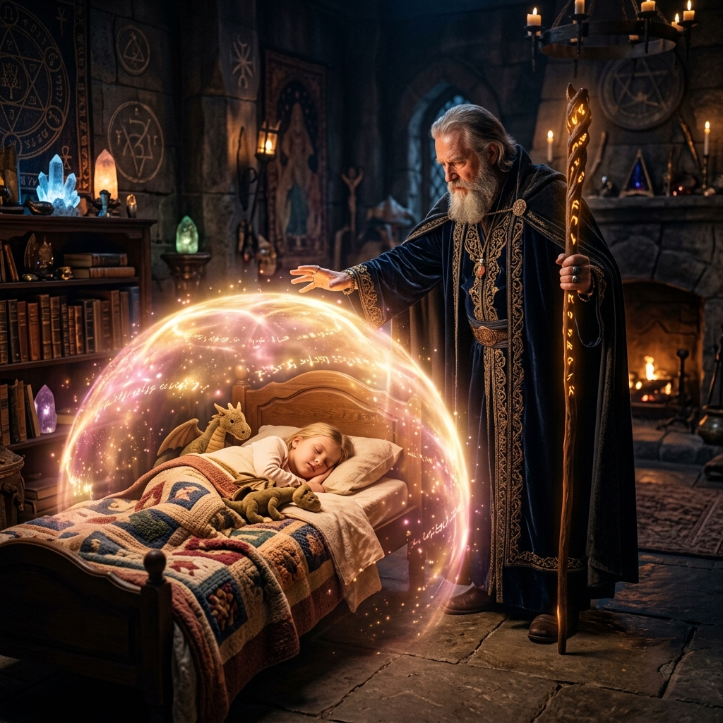 A powerful wizard standing in a glowing mystical chamber, casting a protective shield of warm golden and pink light around a young sleeping person in a bed next to him
