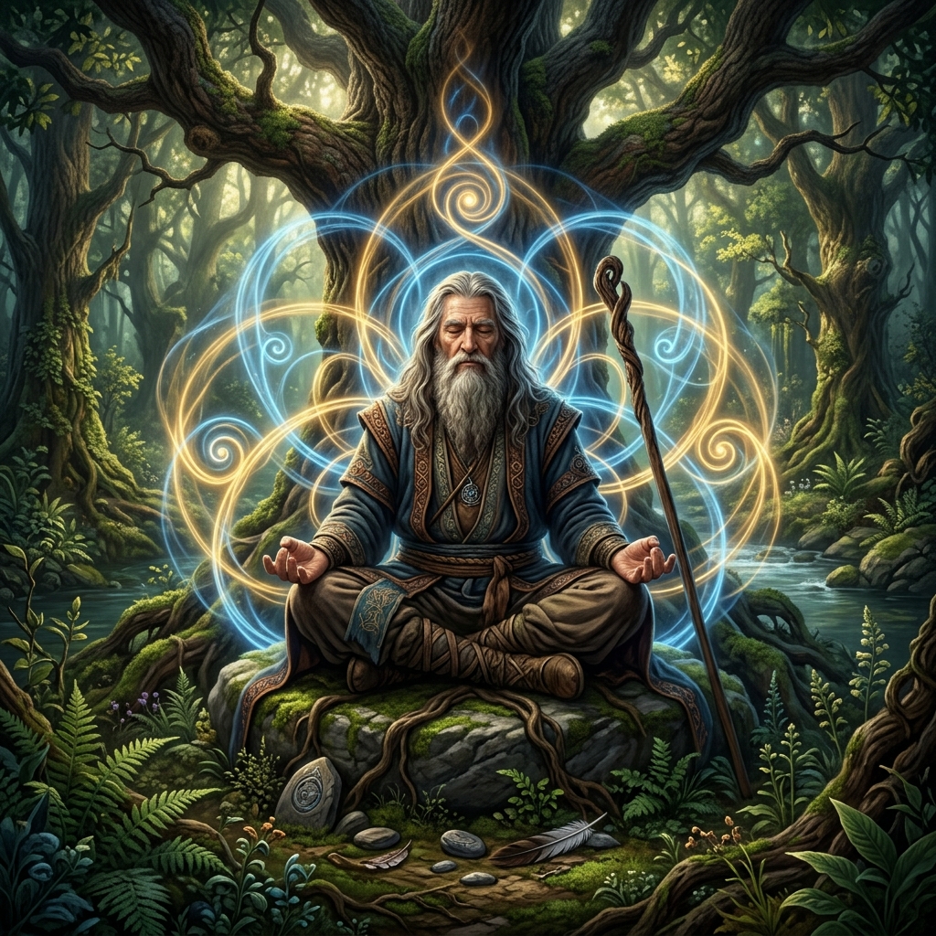 A powerful wizard meditating in a peaceful forest with a calm golden aura, symbolizing nervous system regulation and somatic manifestation