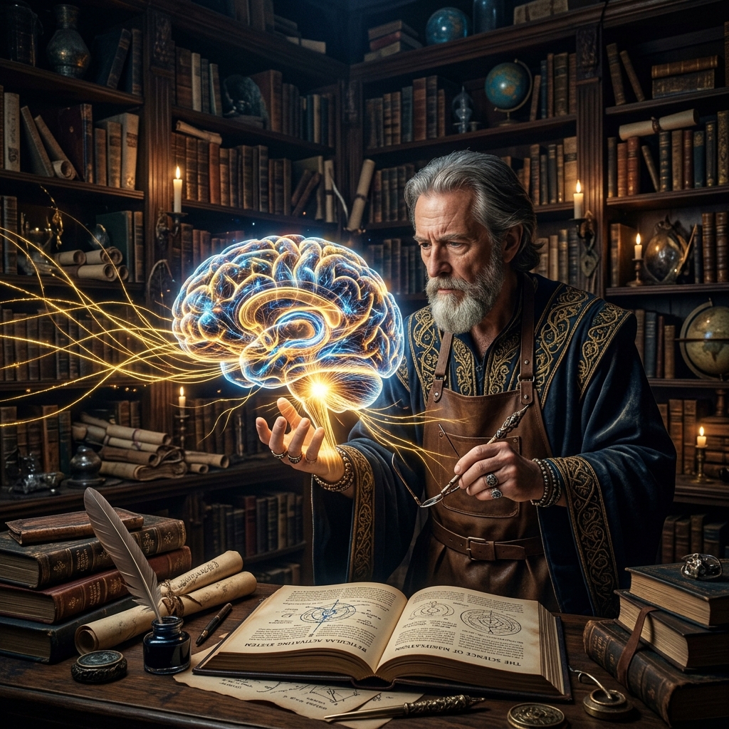 A powerful wizard studying a glowing, complex anatomical model of the human brain inside a library, representing the Reticular Activating System (RAS) and science of manifestation