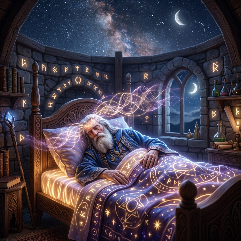 A powerful ancient wizard sleeping peacefully in a glowing mystical bed under a starry night sky, with theta waves radiating from his forehead