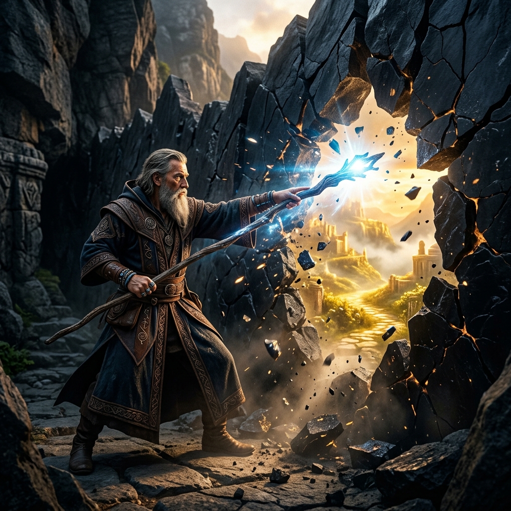 A powerful wizard pointing his glowing staff at a cracked dark obsidian wall blocking a path, breaking it to reveal a golden glowing landscape