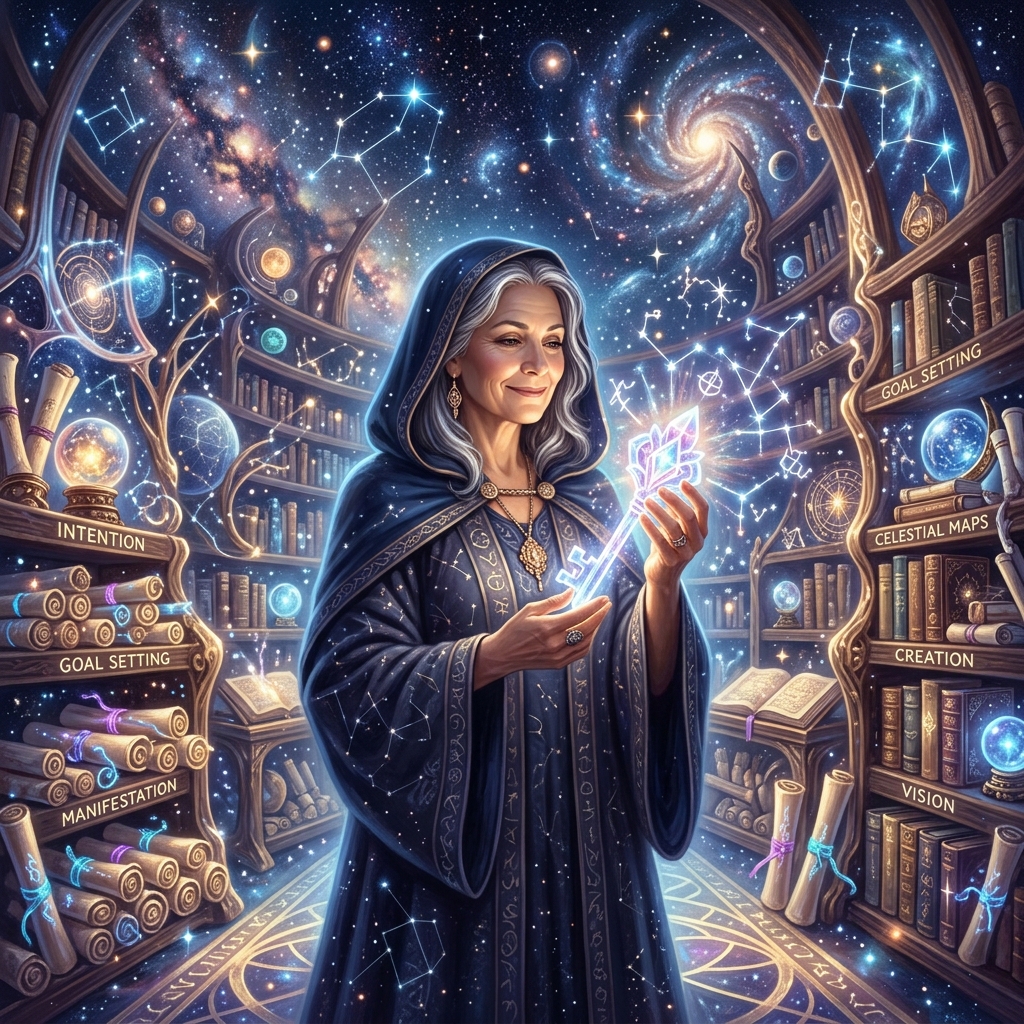 A serene and wise modern wizard holding a glowing crystal key of intention in a celestial library of scrolls
