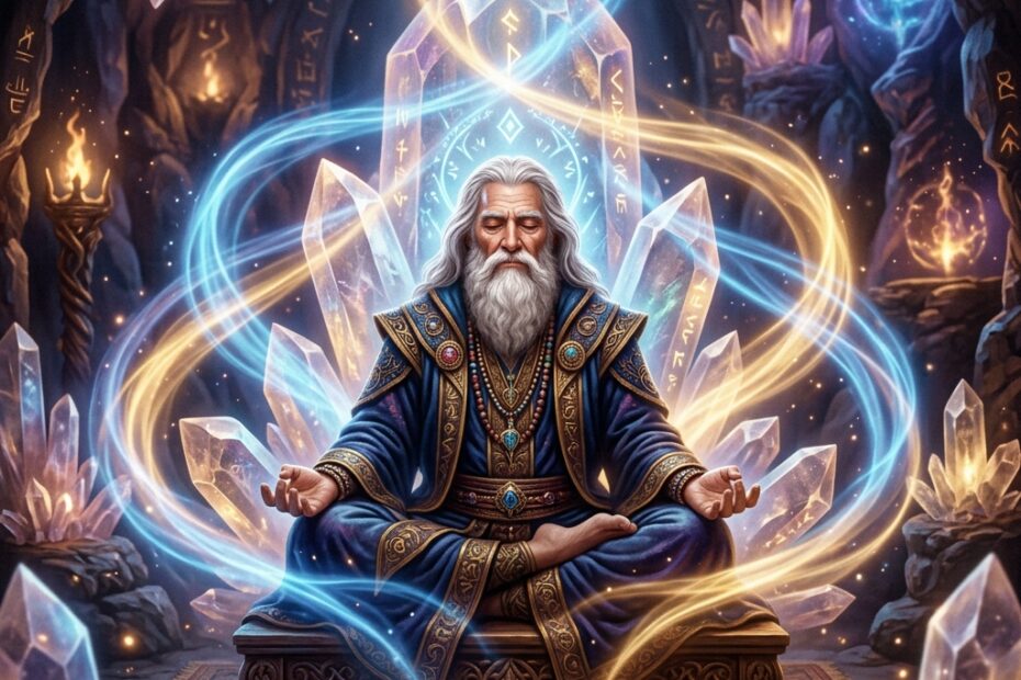 A wise wizard sitting in deep meditation with glowing energy pathways flowing around his body, illustrating nervous system regulation and somatic manifestation