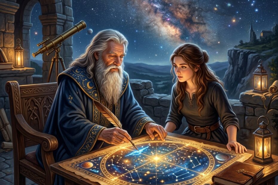 A wise wizard showing a glowing celestial map of stars to a young female apprentice, representing mentorship and guidance for a daughter