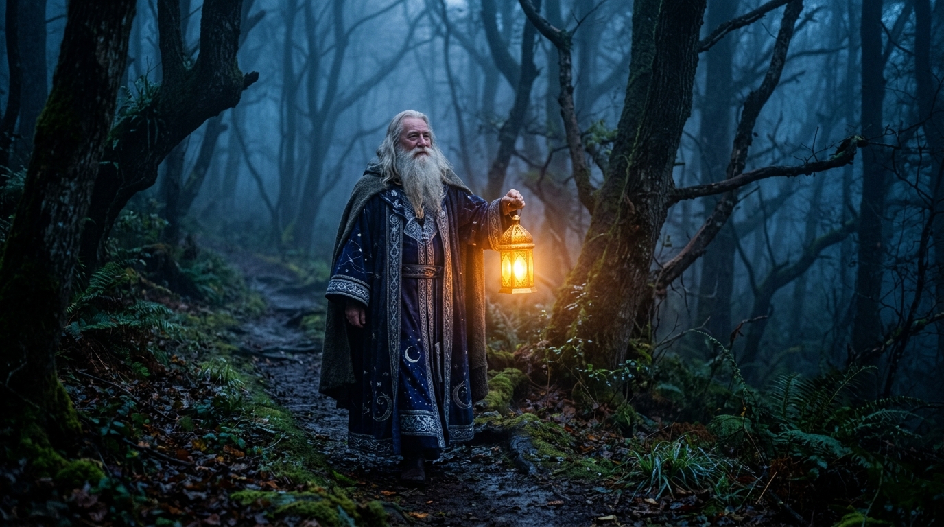 An elder wizard in indigo robes walking through a misty forest holding a glowing lantern symbolizing hope, guidance, and light during depression and dark moments