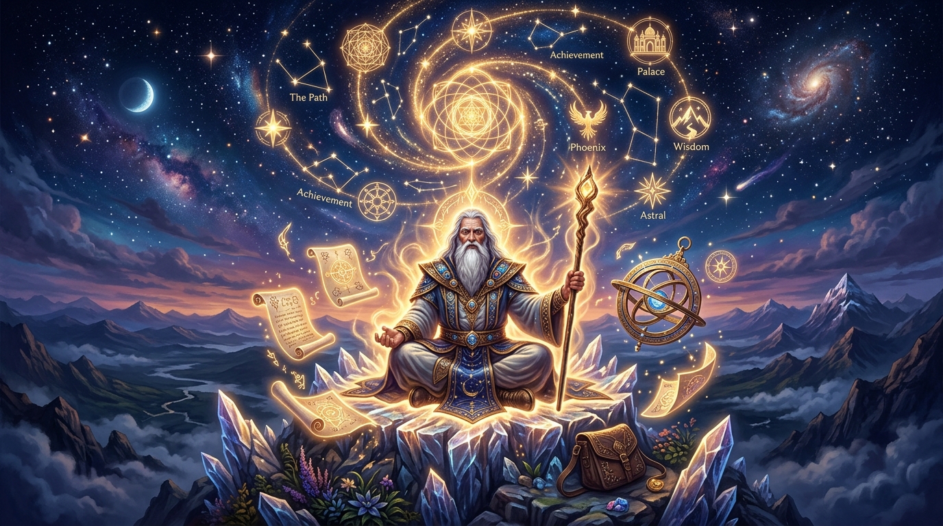 A majestic wizard meditating atop a mountain projecting luminous geometric thoughts and goal constellations into the night sky
