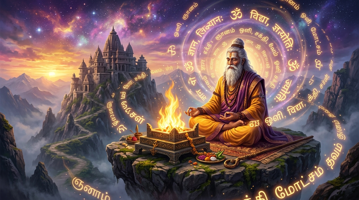An ancient Indian wizard sage meditating before a sacred golden flame atop a misty temple mountain with glowing cosmic runes